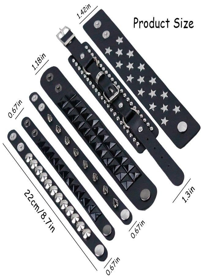 SHEHARUHI 6 PCS Studded Black Leather Rivet Punk Bracelet for Men & Women - Rock Rivet Wrap Retro Spike Bracelet - Adjustable Cuff Wrap Bangle Snap Button Metal Wristband - Image 2